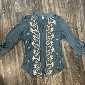 Anthropologie brand Tiny large dark teal embroidered top